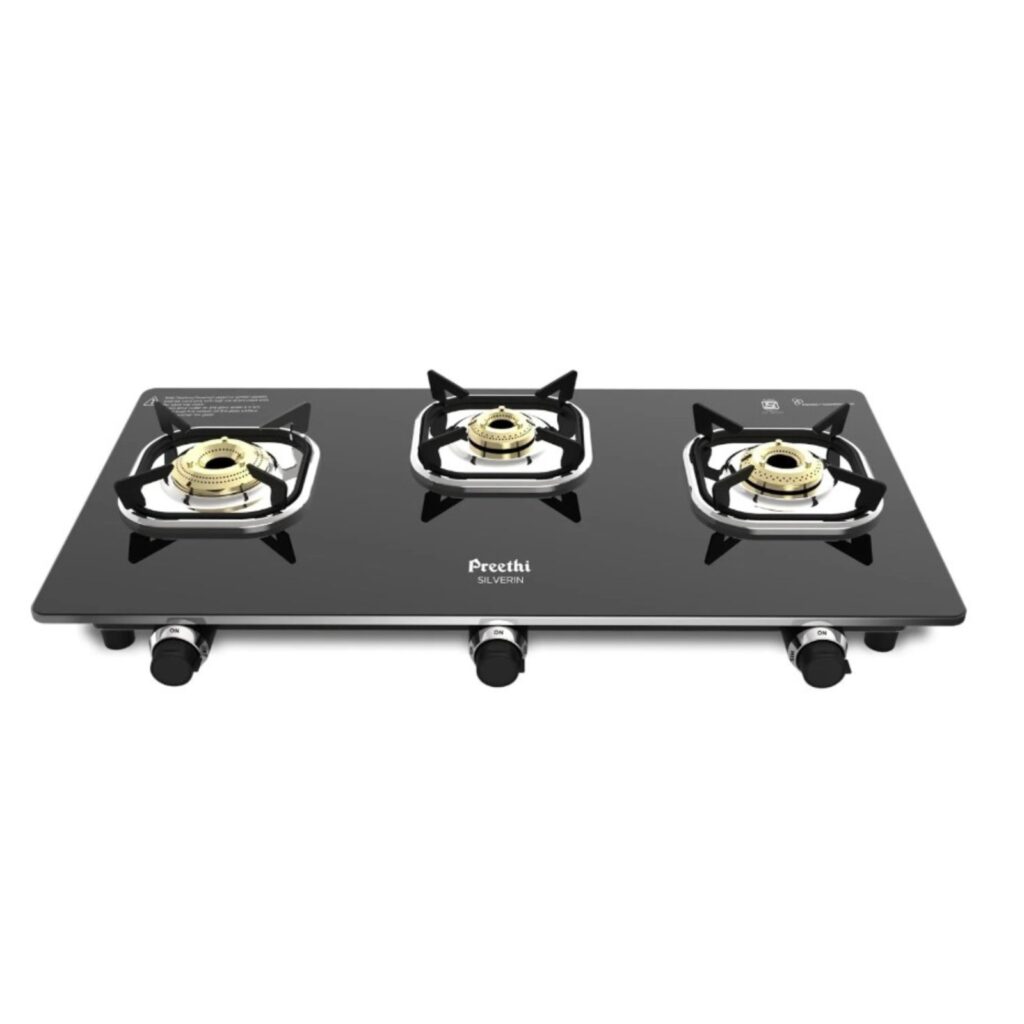 Preethi Silverin 3 Burner Glass Top Gas Stove, Manual Ignition(GTS426)