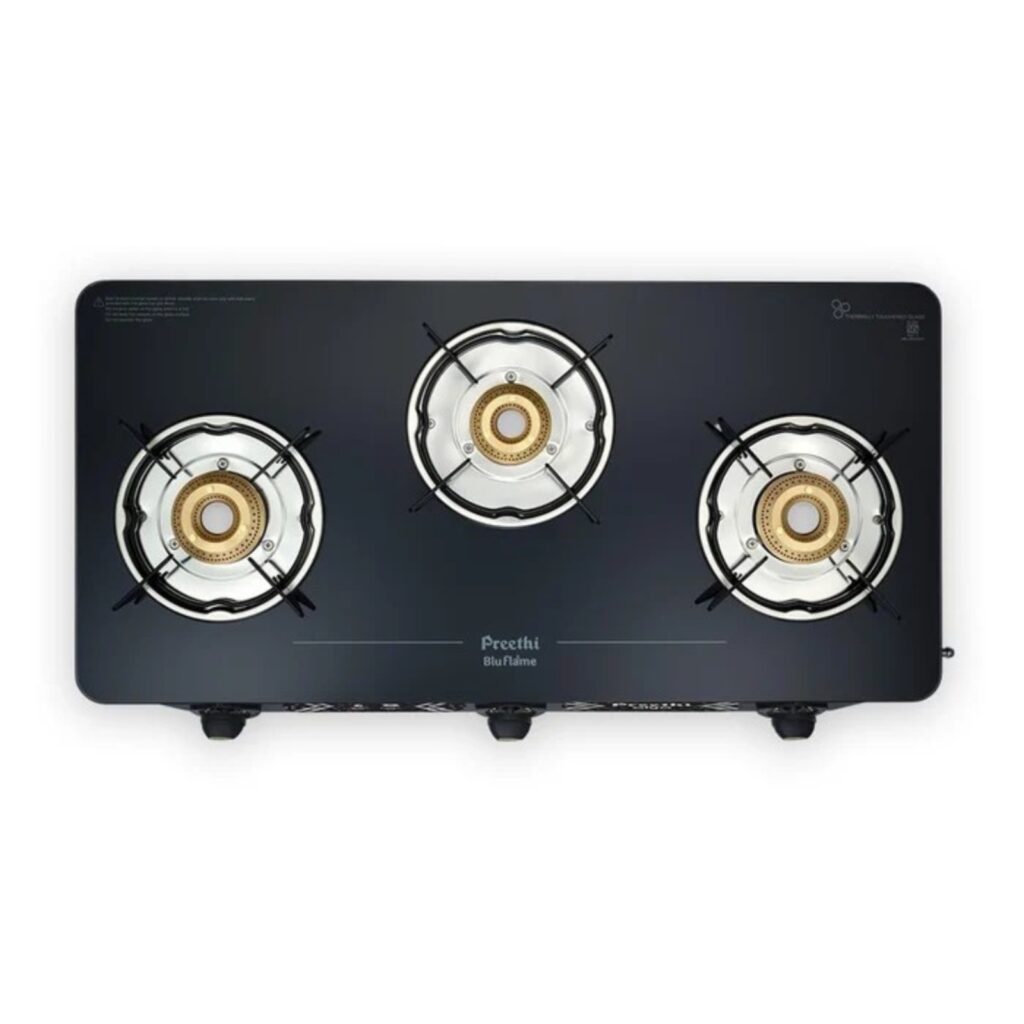 Preethi Alya 3 Burner Glass Top Gas Stove ,Manual Ignition (GTS413)